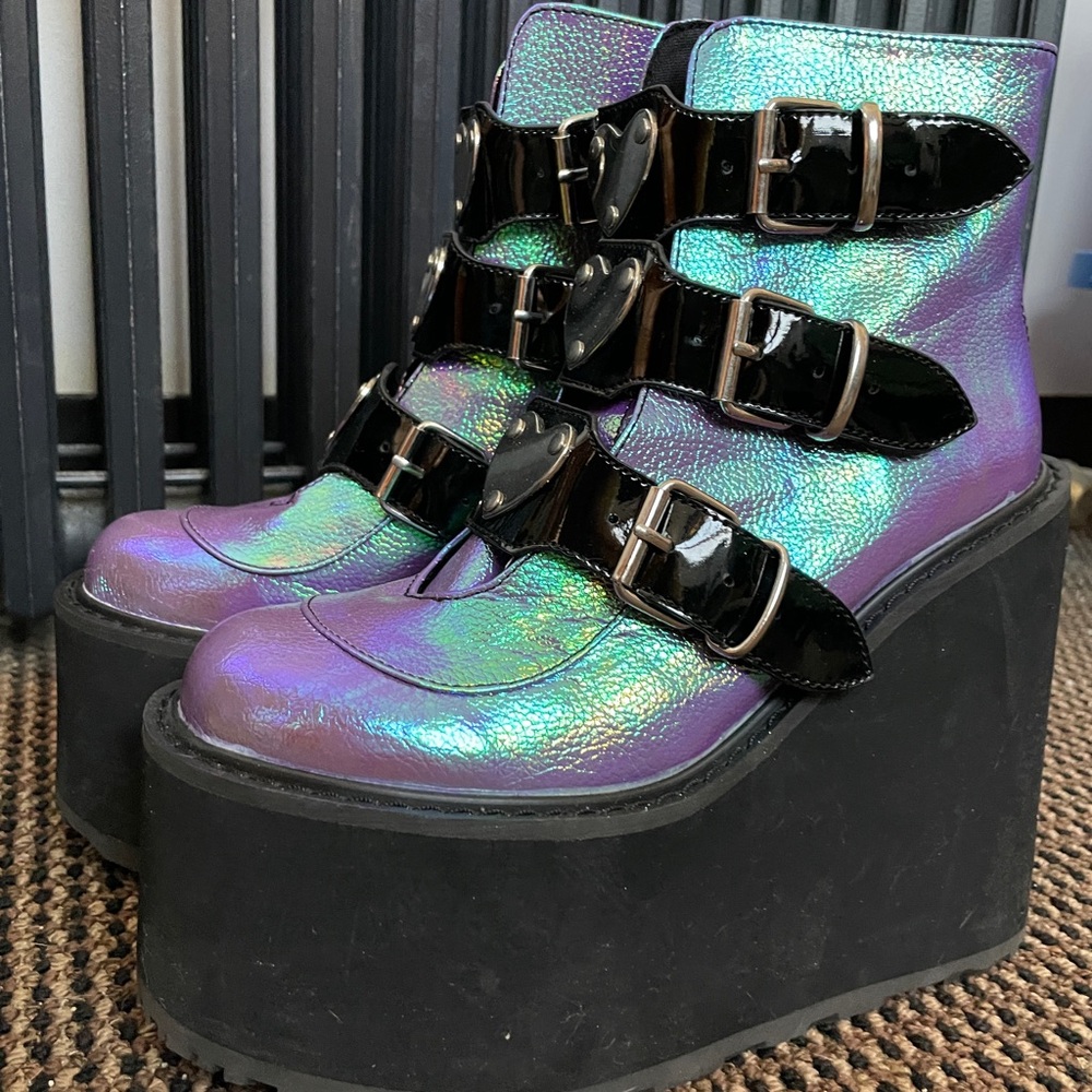 Demonia Iridescent Platform Buckle Boots